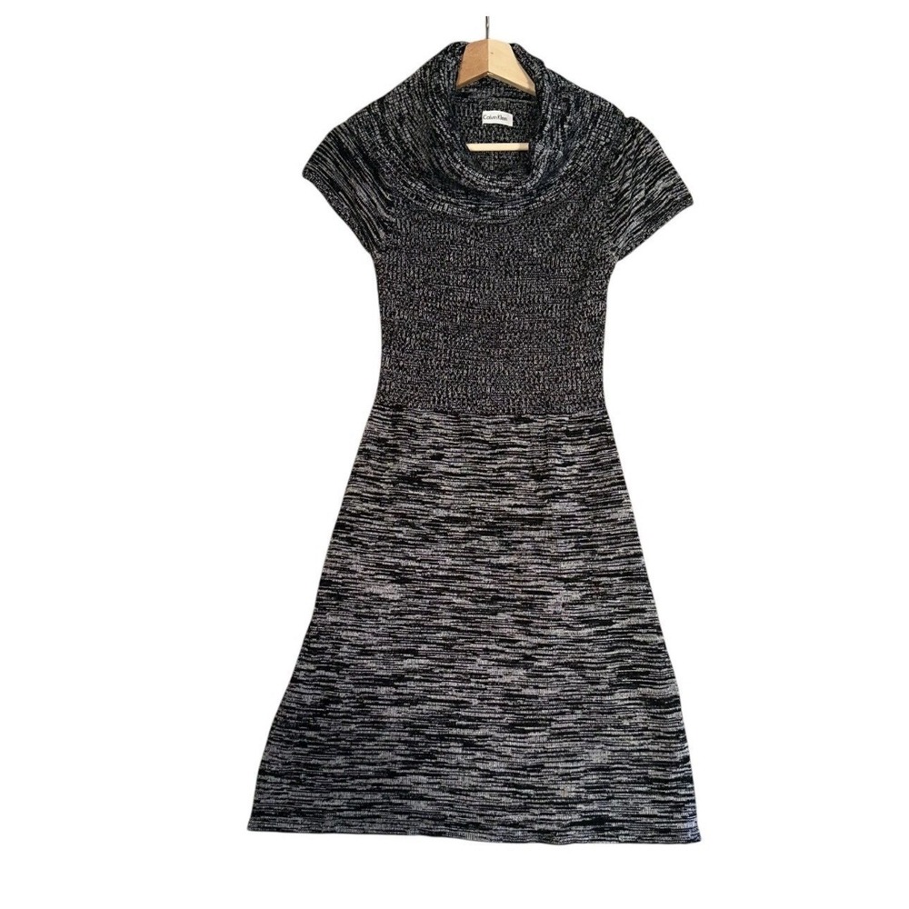 VTG Calvin Klein Dress Womens Sz S Black Gray Smocked Cowl Neck Holiday Winter